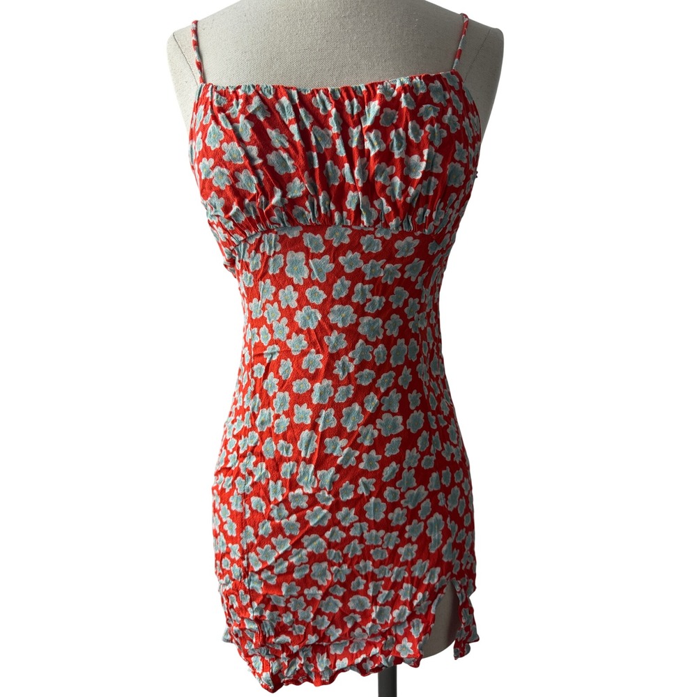 Pull&Bear Red Floral Ruched Bust Cutout Back Mini Dress Large